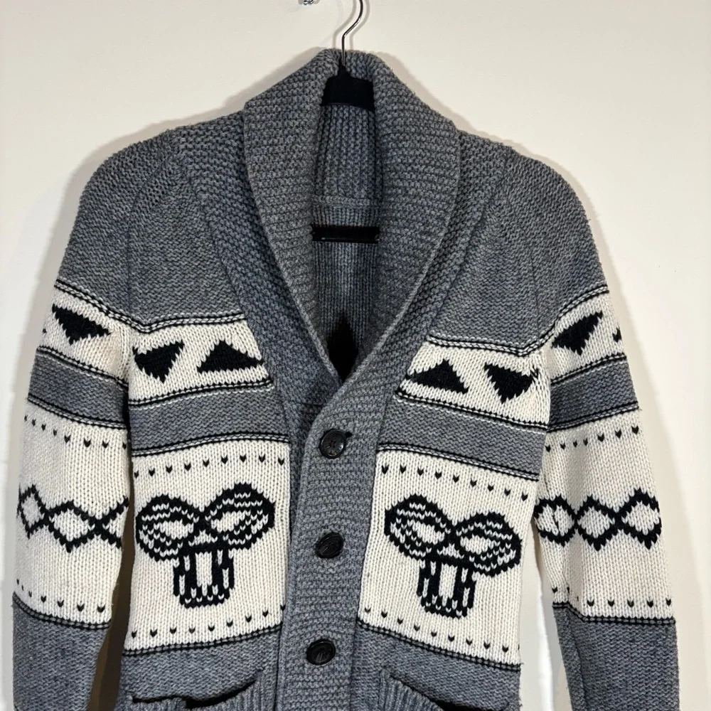 TNA 100% Lambswool Shawl Collar Cardigan Grey Cream Womens Size XS - Picture 2 of 10